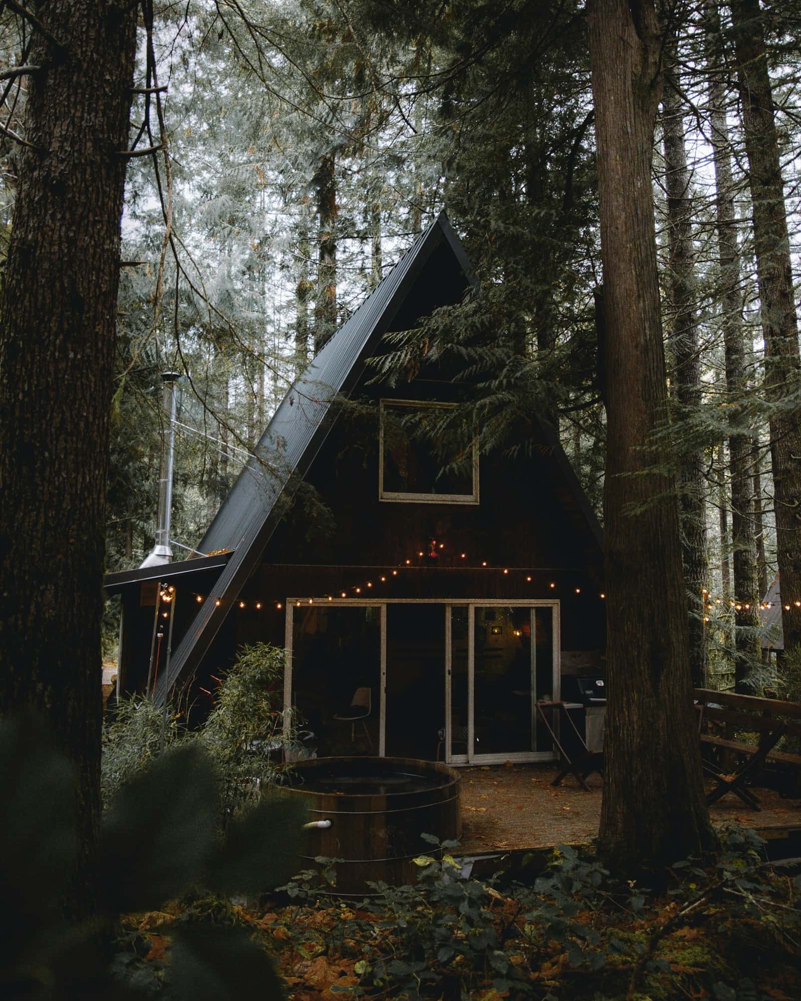 A-frame cabin surrounded by forest